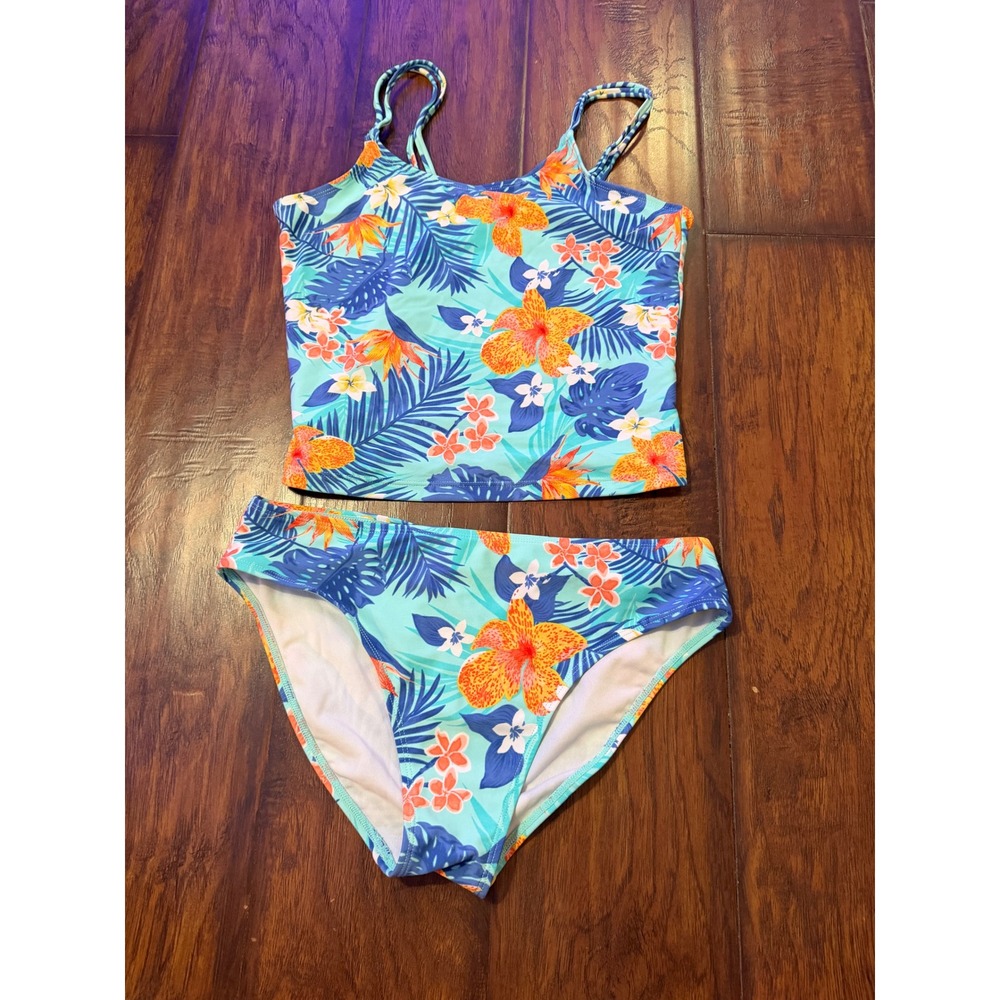 The Childrens Place Tankini Swimsuit Kids XXL 16 Blue Tropical Floral Excellent